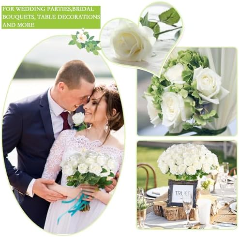 Hananona 50 Pcs Artificial Roses, Realistic Silk Flowers Bulk, White - Image 5