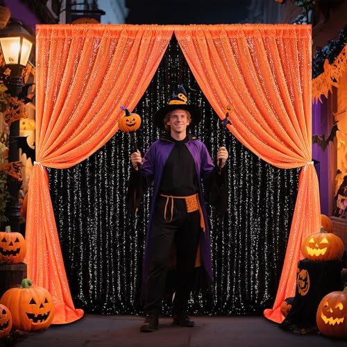 Orange Party Decor Sequin Curtains 4Pcs 2FTx8FT Halloween Photo Backdrop Wedding Glitter Fabric Backdrops Birthday Party Background Christmas Home Decoration - Image 7