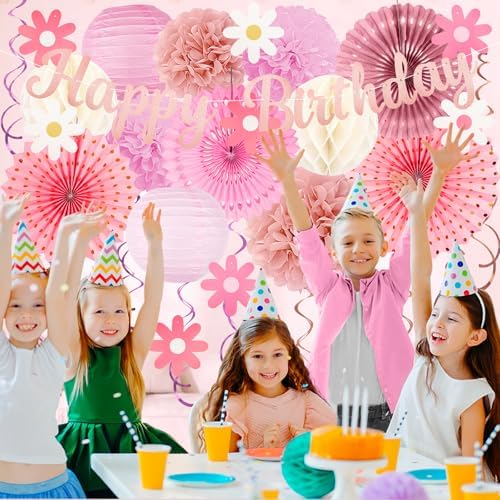Pink Birthday Party-Decorations - 29pcs Beige Rose Gold Party Decorations for Women Girls, Happy Birthday Banner Paper Daisy Flower Streamers Lanterns Tissue Pom Poms - ZERODECO - Image 7