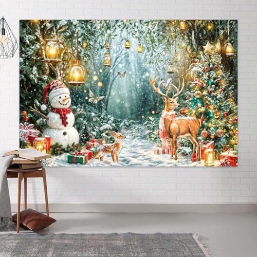 Winter Wonderland Backdrop Christmas Forest Scene Snowy Tree Snowman Deer Photography Background Xmas Holiday New Year Family Party Decorations Banner Photo Booth Studio Props 7X5FT - Image 5