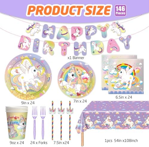 146Pcs Unicorn Plates and Napkins Party Supplies Includes Plates, Napkin, Fork, Cup, Straw, Tablecloth, Banner for Unicorn Baby Shower Birthday Party Decorations, Serves 24 - Image 6