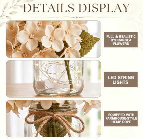 4 Sets Mason Jar Centerpiece with LED Lights and Champagne Hydrangea Fake Flowers Vase for Wedding Bridal Shower Party Coffee Table Decor - Image 3