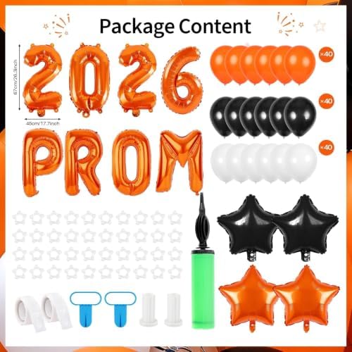 2026 Prom Balloon Arch Kit, Orange Black and White Graduation Party Decorations with Balloon Columns, Star Foil Balloons, Number & PROM Letter Balloons, Stands and Pump - Image 5