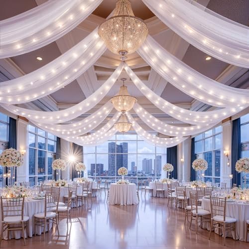 12 Panels White Ceiling Curtains with Lights for Weddings - 5ftx10ft Wrinkle-Free Tulle Fabric Wedding Arch Draping Fabric Ceiling Decorations for Wedding Party Ceremony Stage Tent Event by Unknown