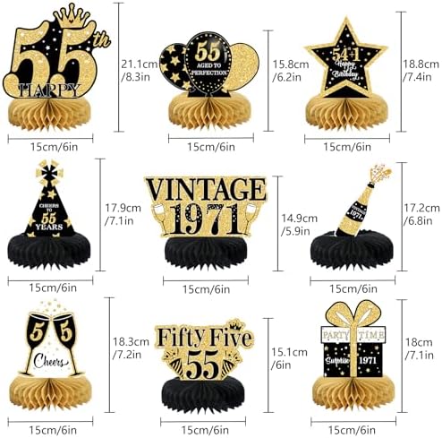 9Pcs 55th Birthday Decorations Honeycomb Centerpieces for Men Women, Black Gold Happy 55th Birthday Centerpieces Tables Toppers Party Decorations Supplies, Vintage 1971 Aged Table Sign Decor - Image 2