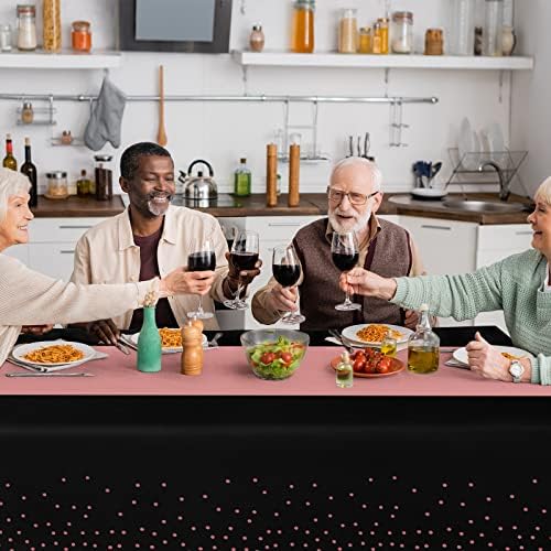 16Pack Disposable Plastic Tablecloths and Satin Table Runner Set Black and Rose Gold Dot Tablecloth Gold Satin Table Runner for Wedding Birthday Baby Shower Anniversary Christmas New Year Party Supply - Image 5