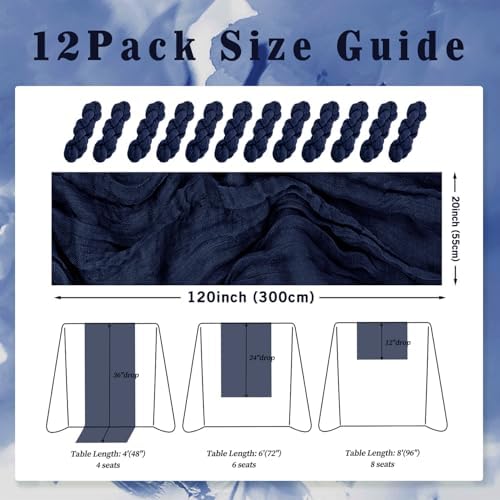12 Pack Navy Blue Cheesecloth Table Runner 10FT Boho Fabric Rustic Cheese Cloth Table Runner for Wedding Bridal Shower Baby Shower Gauze Sheer Birthday Party Table Decorations 20 x 120 Inch Long - Image 2