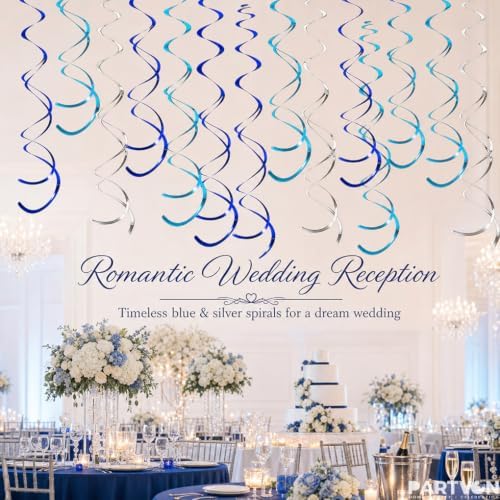 32 PCS Blue Lake Blue Silver Hanging Swirl Decorations, Sparkle Ceiling Swirls with Plastic Streamers for Graduation, Birthday, Wedding, Ocean Theme, Baby Shower, Winter, New Year - Image 5