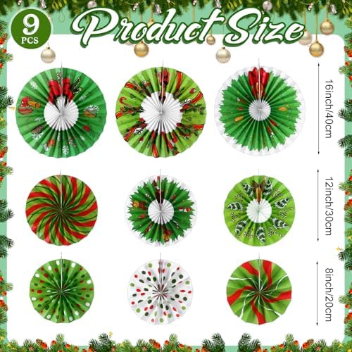 Outus 9 Pcs Christmas Candy Peppermint Paper Fans Red Green Party Decor - Image 2