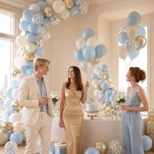 Dusty Blue and Gold Balloons, 12 Inch Blue Gold Balloons, Retro Fog Blue Metallic Golden White Confetti Balloons Latex Balloon for Wedding Baby Shower Gender Reveal Birthday Party Decoration - Image 5