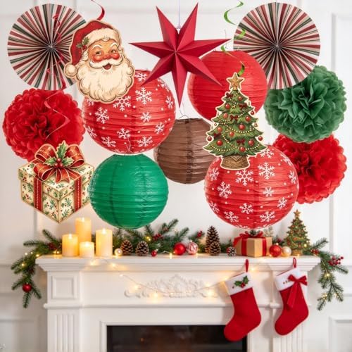 12 Pcs Christmas Paper Hanging Decorations, Vintage Lantern Party Set by EasyJoy