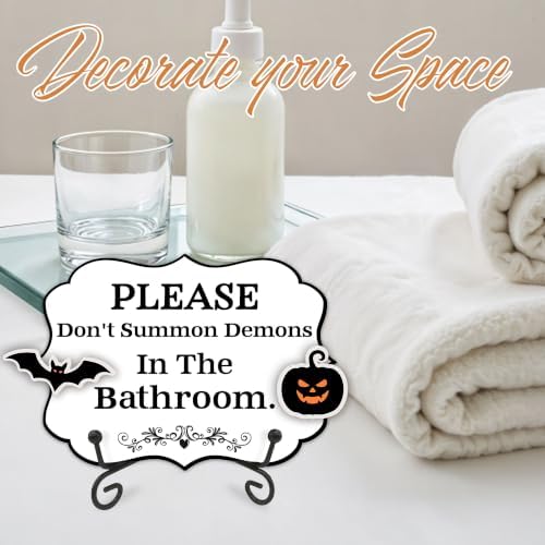 Halloween Table Sign 5x7 Inch Ghost Decor, Rustic Party Centerpiece with Metal Stand & 2 DIY Stickable Wood Decor, Please Don't Summon Demons In The Bathroom Decoration for Home & Party Display - B09 - Image 3