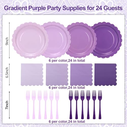 Purple Paper Plates and Napkins,Serves 24 Include Gradient 9 Inch Plates,Napkins,Forks Disposable Party Supplies for Birthday, Wedding, Anniversaries, - Image 3
