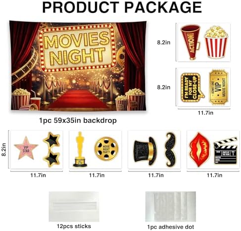 Allenjoy Movie Night Party Birthday Decorations Set - 13 Piece Kit with 59"x35" Backdrop, 12 Photo Booth Props, Decor Supplies, Favors for Men Women Boyfriend Girlfriend Husband Wife - Image 2