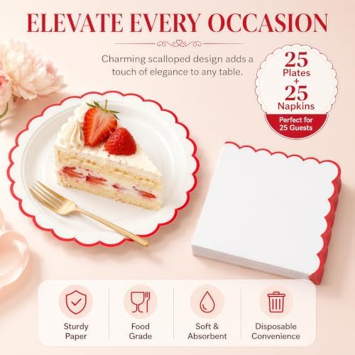 50 Pcs Red and White Paper Plates and Napkins, 7 Inch Disposable Scalloped Plates & Napkins Party Supplies Cake Dessert Plate Tableware for Baby Shower Bridal Shower Wedding Birthday - Image 3