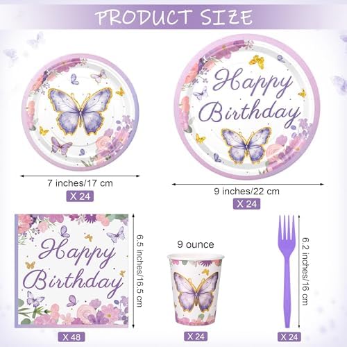 Kochorie 144 Pieces Butterfly Birthday Party Supplies Including Disposable Paper Plates Napkins Cups Forks Serves 24 for Baby Shower Girls Animal Butterfly-themed Party Decorations - Image 2