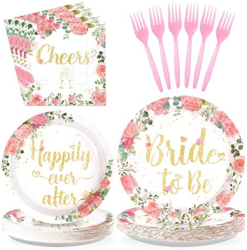 Grencian 96 Pcs Bachelorette Party Decorations Rose Gold Bride Shower Plates and Napkins Bride to Be Tableware Pink Flower and Gold Bachelorette Party Supplies for Engagement Wedding Party Favors by Grencian
