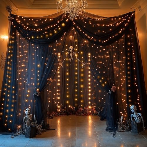 Black Ceiling Drapes with Lights String for Weddings, 6 Panels 5ftx20ft Sheer Tulle Backdrop Photo Background Drapes for Wedding Ceremony Birthday Party Arch Decoration - Image 3