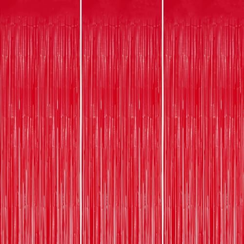 DECOCKRAT 3 Pack Foil Fringe Backdrop - Pastel Red Shiny Tinsel Curtains for Party Decoration/Photo Booth Props - 3.3x8.2 FT Metallic Foil Backdrop for Birthday, Wedding, Graduation, Christmas. by DECOCKRAT