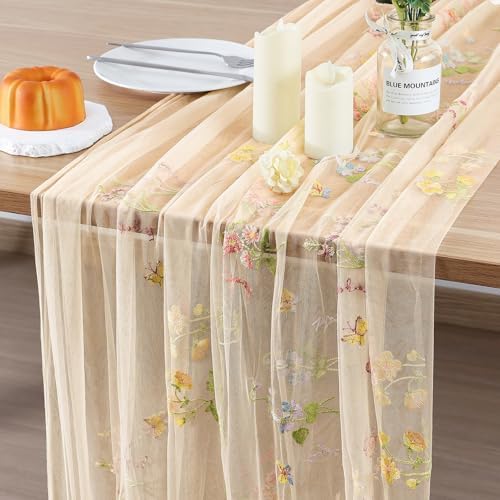 BINBE 1pcs Champagne Florals Table Runner Embroidery Gauze 10FT Daisy Seasonal Tulle Birthday Wedding Holiday Kitchen Dining Table Decor for Home Party by BINBE