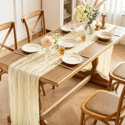 3Pcs Beige Table Runner, 10FT Rustic Cheesecloth Table Runner 35*120inch Boho Beige Runner for Wedding Bridal Shower Baby Shower Table Centerpiece Decorations - Image 6