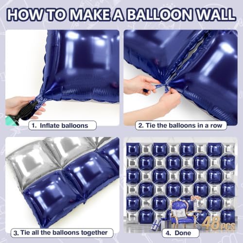 NISOCY 48PCS Navy Blue and Silver Square Foil Balloons Wall Backdrop - Image 5
