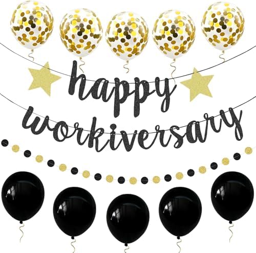 Happy Workiversary Banner Black Gold Glitter Work Anniversary Party Decorations Work for Employee Coworker Office Party Happy Work Anniversary Celebrations by PEIQICHU