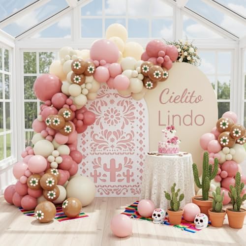 146PCS Cielito Lindo Baby Shower Girl Decorations,Pink Floral Balloon Arch Kit with Mexican Floral Print, Dusty Pink & Ivory White Fiesta Balloons, Wedding Birthday Bridal Shower Party Garland by BlissBash