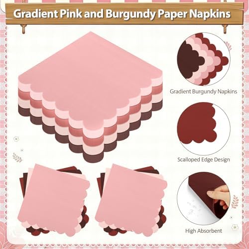 Pink and Burgundy Plates and Napkins Party Supplies, Disposable 9’’ Maroon and Brown Paper Plates and Cups and Napkins Set for Baby Shower, Birthday, Wedding, Christmas Party Decorations, Serves 48 - Image 4