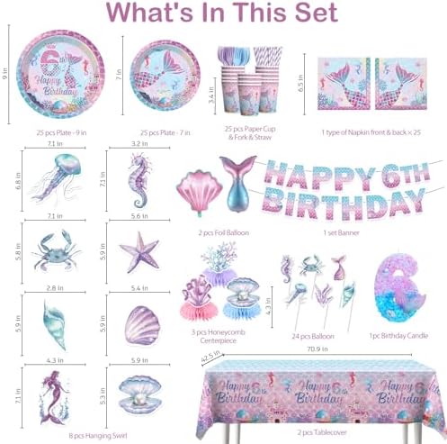 Xynic Mermaid Birthday Decorations for 6th Birthday, Serves 25 - Image 2