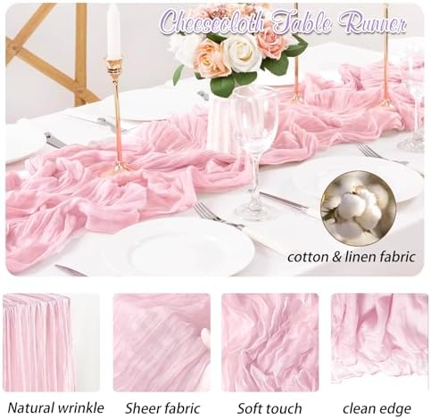Pink Cheesecloth Table Runner 6 Pack 35" Boho Gauze Runner 120 inches Long Rustic Sheer Fabric Bulk for Boho Baby Shower Wedding Bridal Birthday Party Table Decorations - Image 3