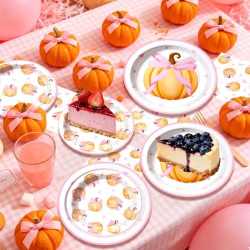 60 Pcs Pink Bow Pumpkin Paper Plates and Napkins Sets,Serves 20 - Image 4