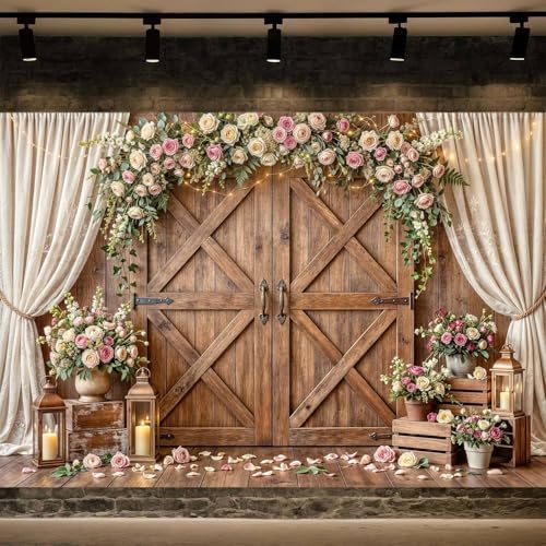 20x10ft Wedding Backdrop Rustic Floral Flower Wooden Wall Backdrop Bridal Baby Shower Ceremony Photography Background Shabby Chic Countryside Western Anniversary Wedding Party Birthday Photo Prop - Image 2