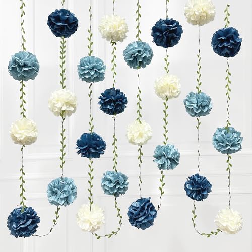 Dusty Blue Party Decorations Dusty Navy Blue Beige Tissue Paper Flowers Pom Pom with Leaf Ribbon Hanging Garland Streamer for Birthday Wedding Graduation Retirement Nautical Party Supplies by pinkblume