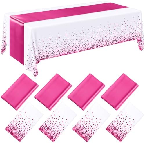 Breling 8 Pack White and Hot Pink Tablecloths and Satin Runners Set by Breling