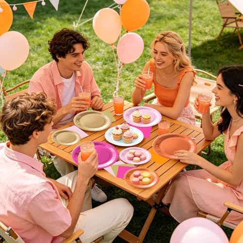 60Pcs Pink and Orange Plates and Napkins Party Decorations,Serves 20 - Image 2