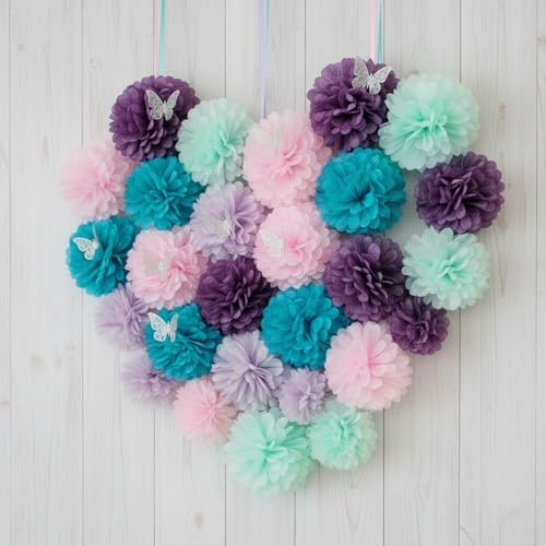 PapaKit 20pc Mermaid Purple Tissue Paper Pom Poms Set – Decorative Hanging Paper Flowers for Birthday Party, Baby Shower, Wedding, Bridal Shower, and Bachelorette Backdrop - Image 5