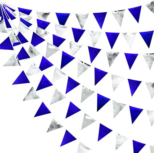 Royal Blue Silver Party Decorations Navy Blue Triangle Pennant Banner Flag Metallic Fabric Bunting Garland for Birthday Graduation Wedding Retirement Nautical Ahoy Achor Pirate Theme Party Supplies by pinkblume