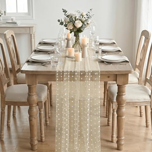 Artoid Mode Beige Gauze Flocking White Dots Table Runner 10FT,Seasonal Sheer Dining Table Decor for Wedding Anniversary Holiday Birthday Home Party - Image 2