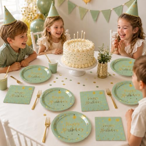 48PCS Happy Birthday Plates and Napkins Party Supplies, Sage Green and Gold Disposable Paper Plates and Napkins with Forks Tableware Set for Birthday Party Decorations 16 Guests (Sage Green) - Image 5