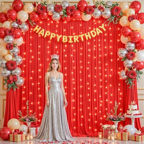 10 x 10ft Red Backdrop Curtains with Lights String for Party by PartyTalk