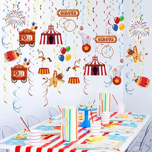 Carnival Hanging Swirl Set Party Decorations, 48 Pcs, Circus Joker Balloon Party Supplies Sign,Red Blue Yellow - Image 2