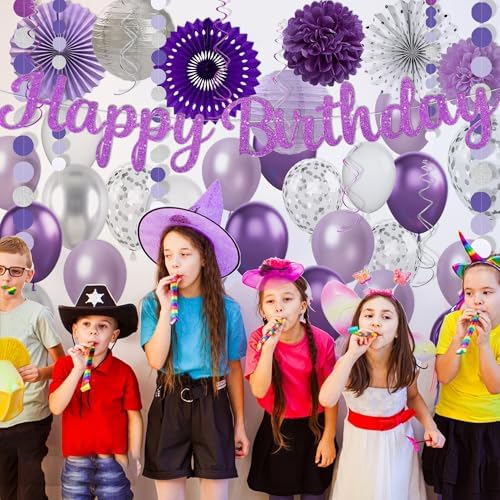 Purple Silver Birthday Party Decorations Kit with Happy Birthday Banner, Paper Lanterns, Streamers, Tissue Pom Poms, Honeycomb Flower Fans, Silver and Purple Balloons, & More for Women Girls' Party - Image 6