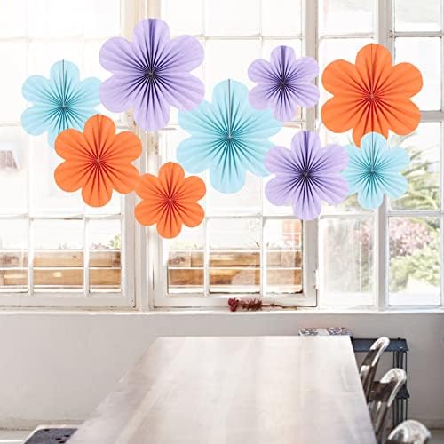 SUNBEAUTY 9 Pcs Paper Flowers Decorations for Wall, Blue and Orange for Wall Paper Flower Fan Classroom Decoration Paper Floral Backdrop Decor Paper Fans Decoration Hanging Paper Flower Wall Decor - Image 6