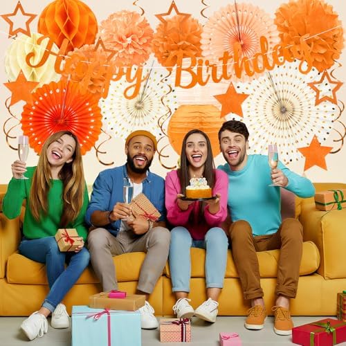 Orange Birthday Party-Decorations - 29pcs Orange Beige FAL Boho Party Decorations for Women Girls, Autumn Sweet Peach Thanksgiving Decorations Happy Birthday Banner Paper Tissue Pom Poms - ZERODECO - Image 4