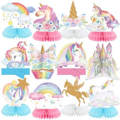 Pickmesh 12 Pcs Unicorn Birthday Party Supplies Unicorn Rainbow Honeycomb Centerpieces Cloud Cupcake Castle Table Topper Decorations for Girls Princess Birthday Baby Shower Party Decor by Pickmesh