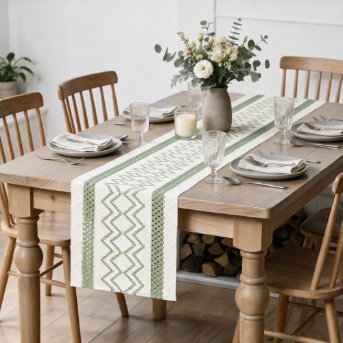 Artoid Mode Sage Green Stripe Diamond Woven Table Runner 12x72 Inch - Image 5