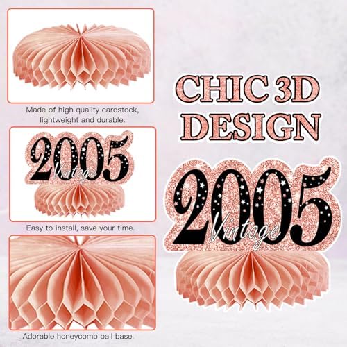 9Pcs Rose Gold Pink 21st Birthday Decorations Honeycomb Centerpieces for Girls,Happy 21st Birthday Centerpieces Tables Toppers Party Decorations Supplies,Vintage 2005 Aged Table Sign Decor - Image 3