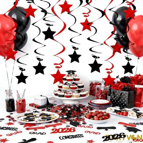 Red Black Hanging Swirl Decorations - 32 Pcs Metallic Ceiling Swirls with Foil Stars, Plastic Streamers for Graduation, Halloween, Casino Night, Birthday, Bachelorette Party Supplies - Image 4