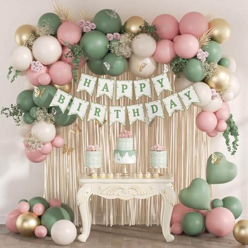 Pink and Sage Green Birthday Decorations with Sand White Gold Balloons by Leraqertra